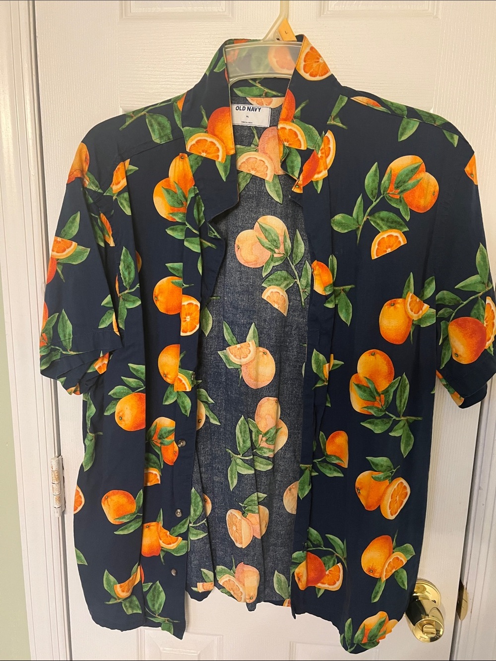Old Navy Navy and Orange Tropical Fruit Short-Sleeve Button-Down shirt